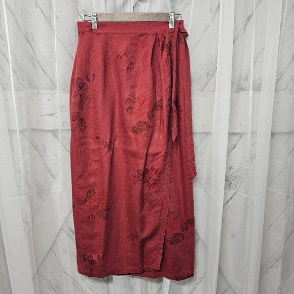 Laura Ashley Rusty Red Floral Skirt Boho Tru Wrap Linen Midi 8 - Picture 1 of 9